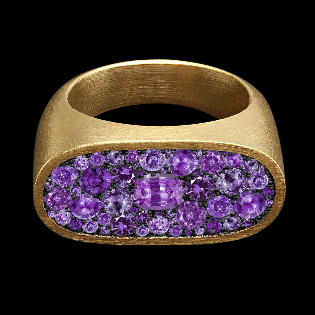 This ring is handcrafted in London from recycled 18k yellow and blackened gold, set with natural amethysts weighing approximately 1.9 carats