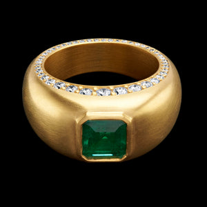 Shola Branson Emerald Bombe Ring 18k Gold with 1 carat of Diamonds and 1.2 carat Zambian Emerald